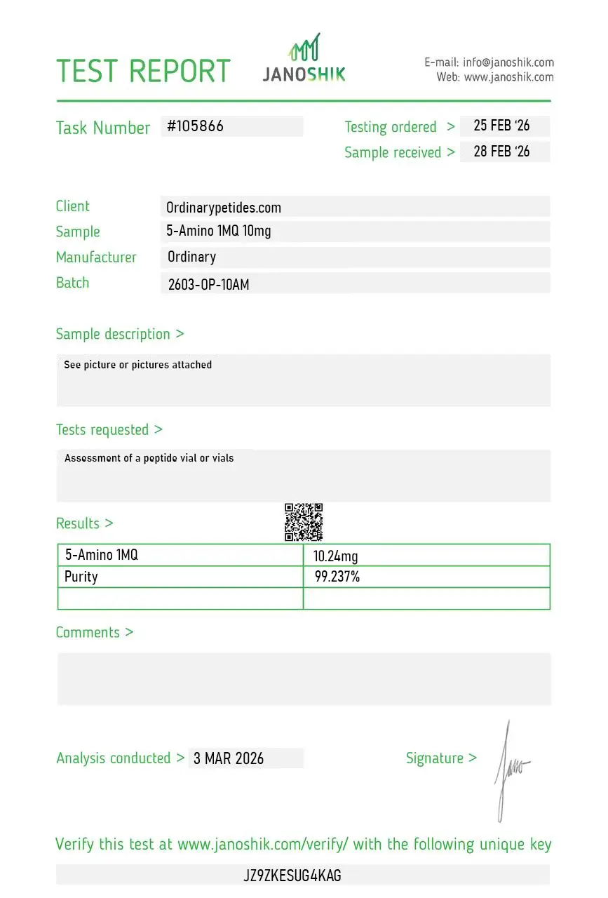 5-Amino-1MQ 10mg Certificate of Analysis test report
