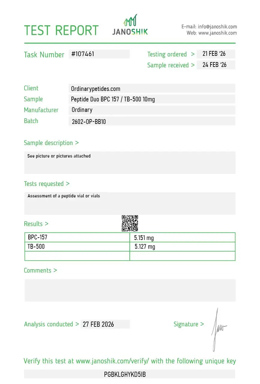 Peptide Duo BPC-157 TB-500 10mg Certificate of Analysis test report