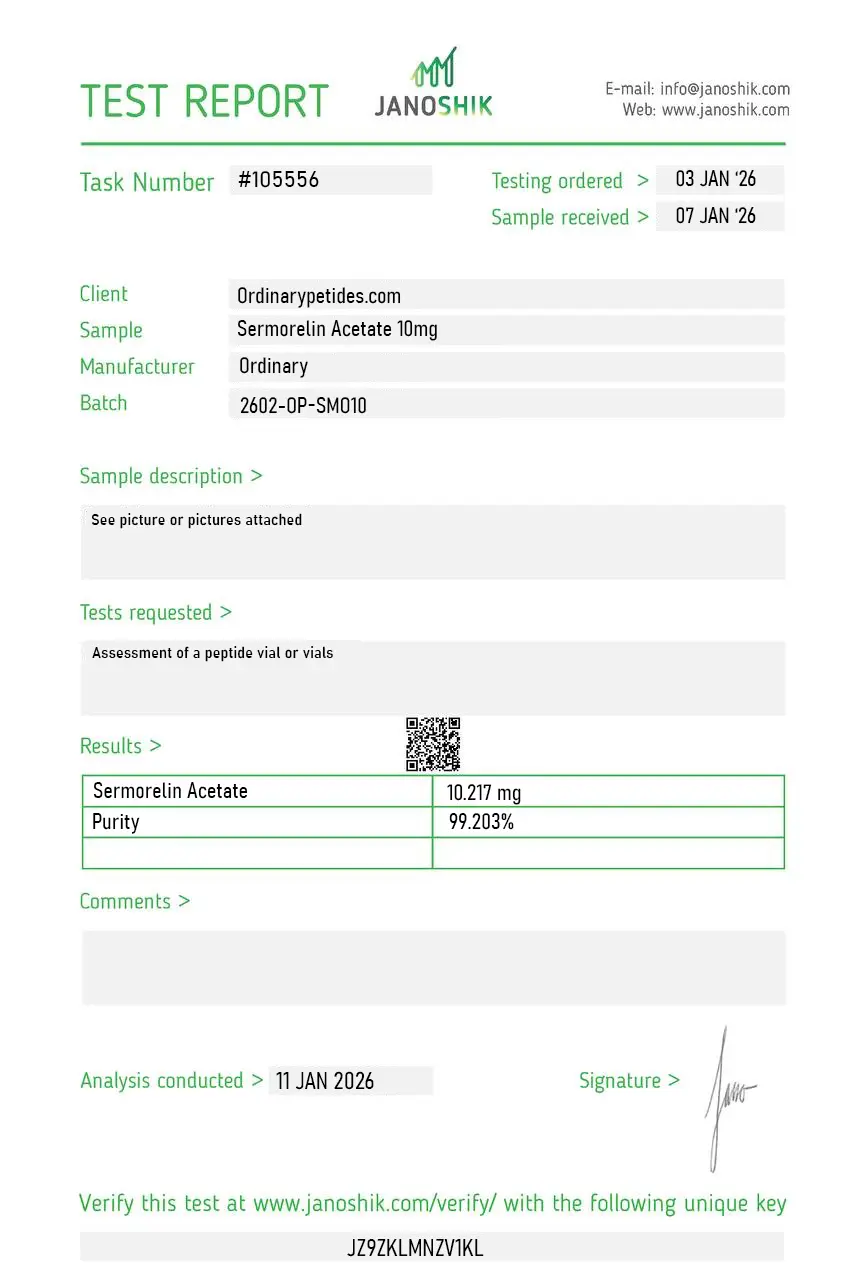 Sermorelin Acetate 10mg Certificate of Analysis test report