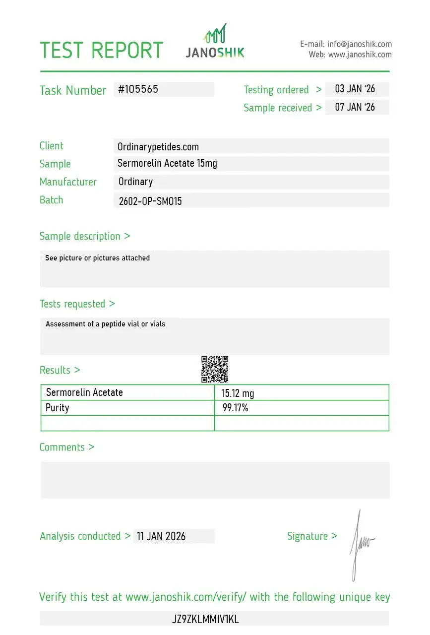 Sermorelin Acetate 15mg Certificate of Analysis test report