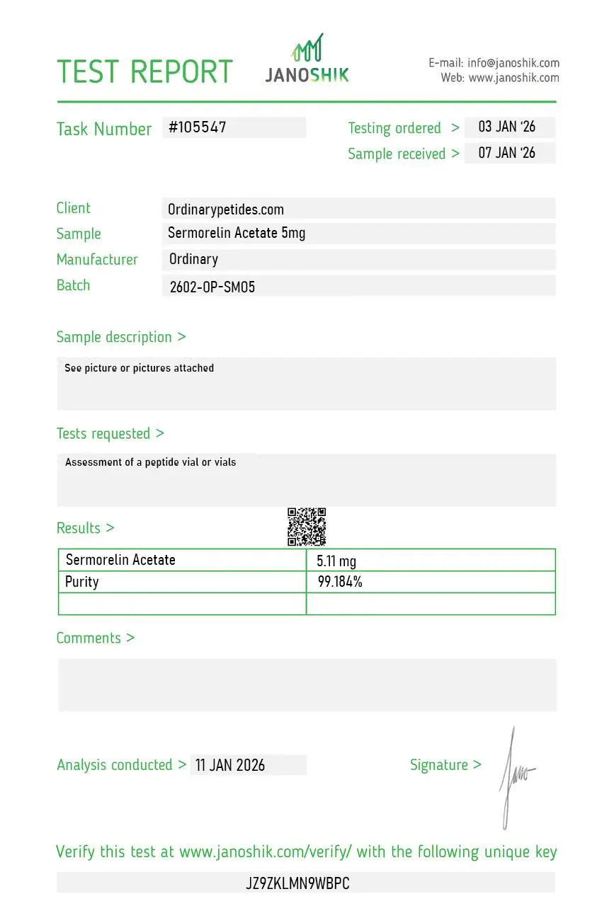 Sermorelin Acetate 5mg Certificate of Analysis test report